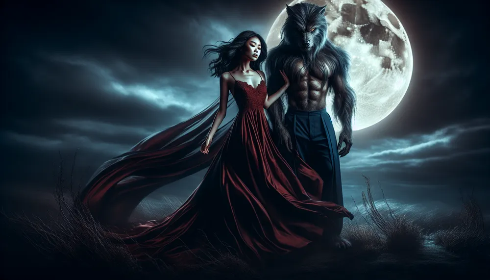 an intense and romantic scene between a werewolf and their mate under a full moon, dark romance theme