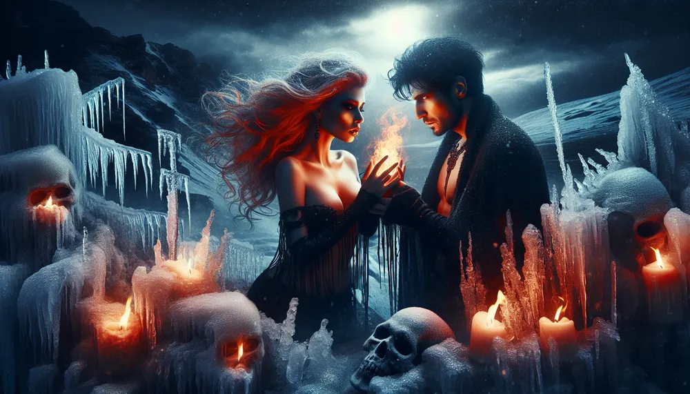 A hauntingly dark romance scene, emphasizing the conflicting themes of scorching heat and icy cold, with an air of mystery and forbidden passion.