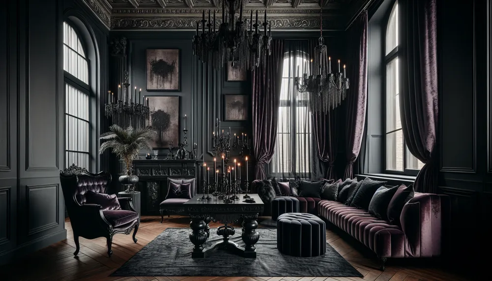 dark romance decor prints interior design, atmospheric aesthetic, color schemes, gothic elegance, modern noir