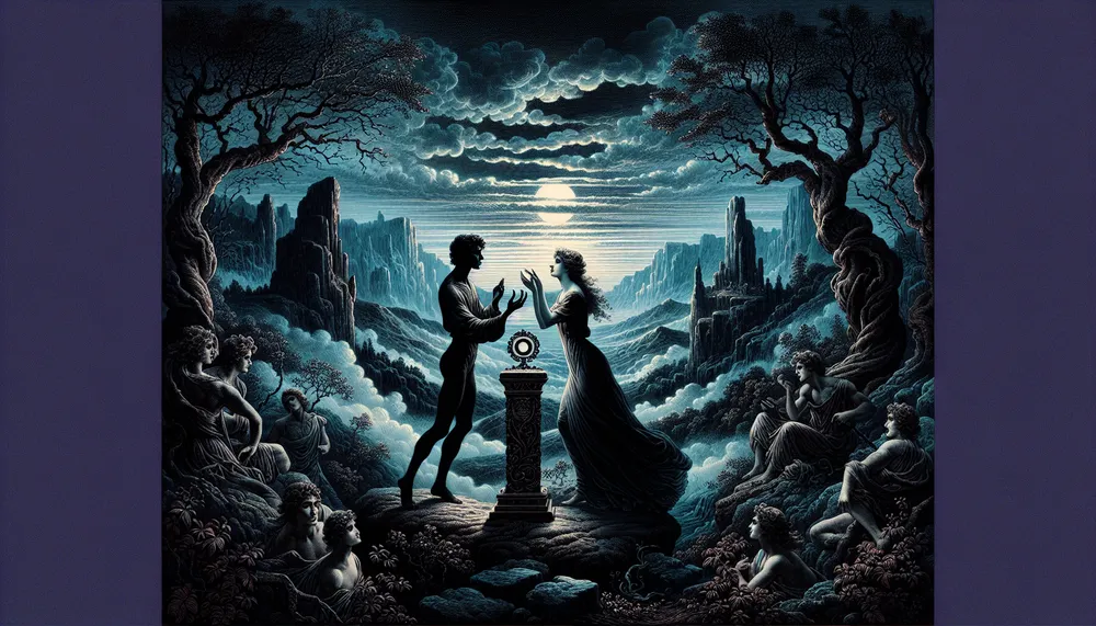 A dramatic and mysterious illustration depicting the theme of forbidden love and sacrifice in a dark romantic setting