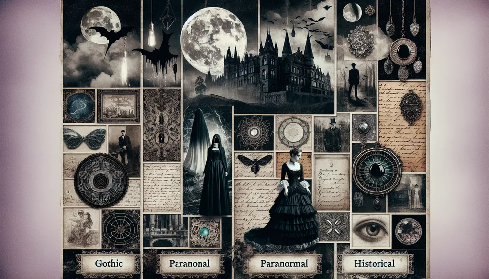 Dark romance subgenres collage featuring gothic, paranormal, and historical elements