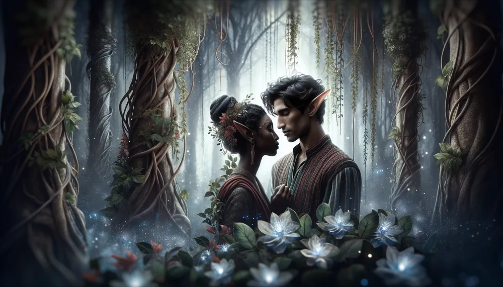 A dark and mysterious elf couple embracing each other in a mystical forest, emanating a forbidden romance atmosphere