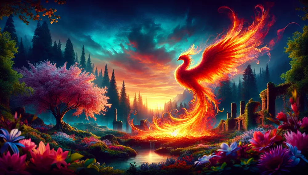 phoenix rising from the ashes in a mysterious and romantic setting