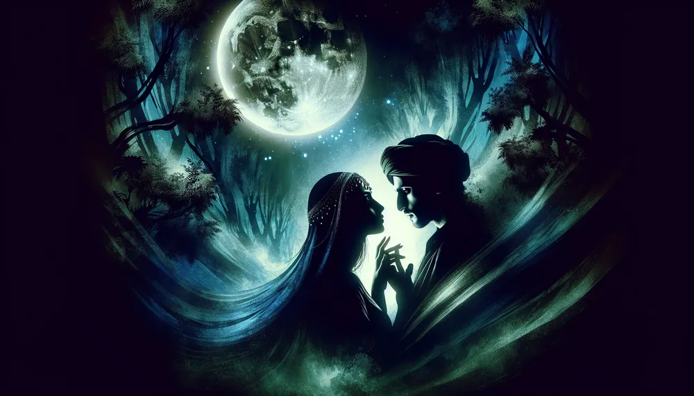 Two silhouette figures embracing in the shadows under a full moon, embodying a dark and forbidden romance theme