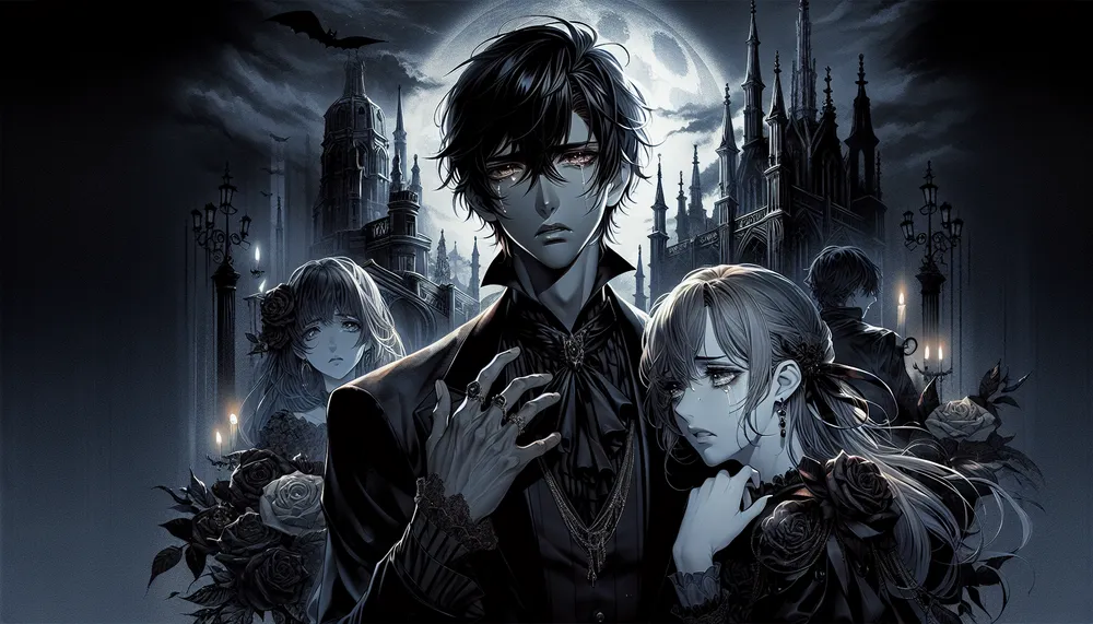 dark romance anime artwork, atmospheric, moody