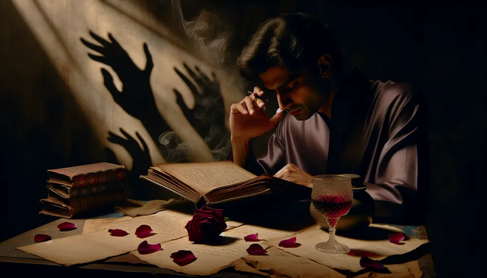 a person opening a book with mysterious shadows and elements of romance