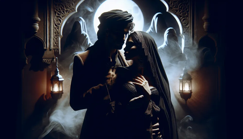 A shadowy figure embracing a love interest amid a dark and mysterious backdrop, conveying the essence of dark romance novels