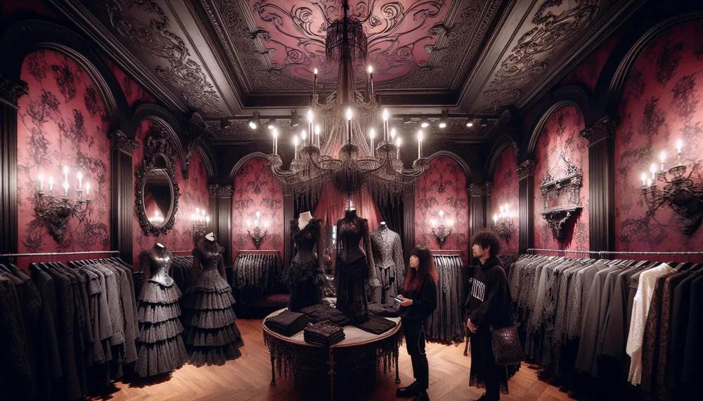 dark romance fashion store interior with gothic elements