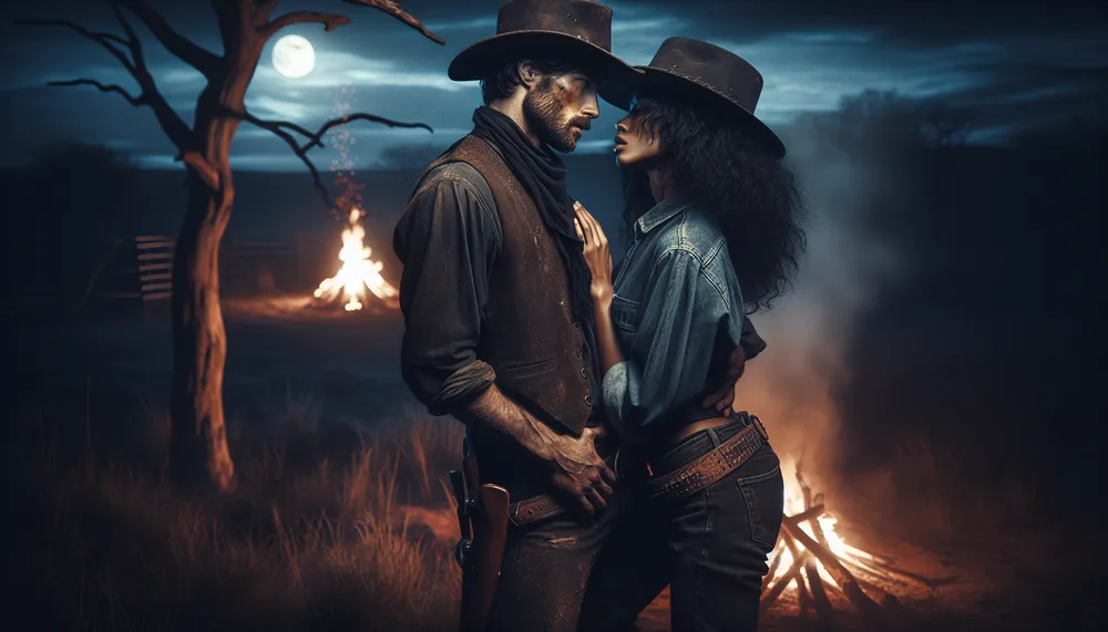 An emotionally charged dark romance scene featuring a cowboy