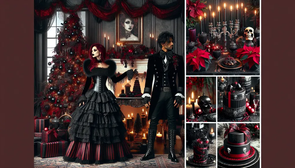 Dark Romance Christmas aesthetic with gothic-inspired attire, holiday decorations, and gift ideas