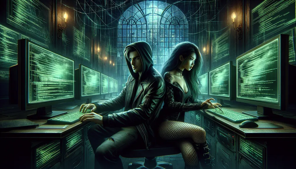 A digital painting of a hacker's cyber heist with a dark romantic theme