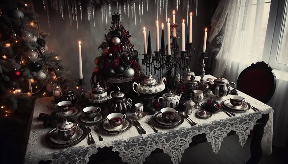 dark romance Christmas tea setting with gothic decor