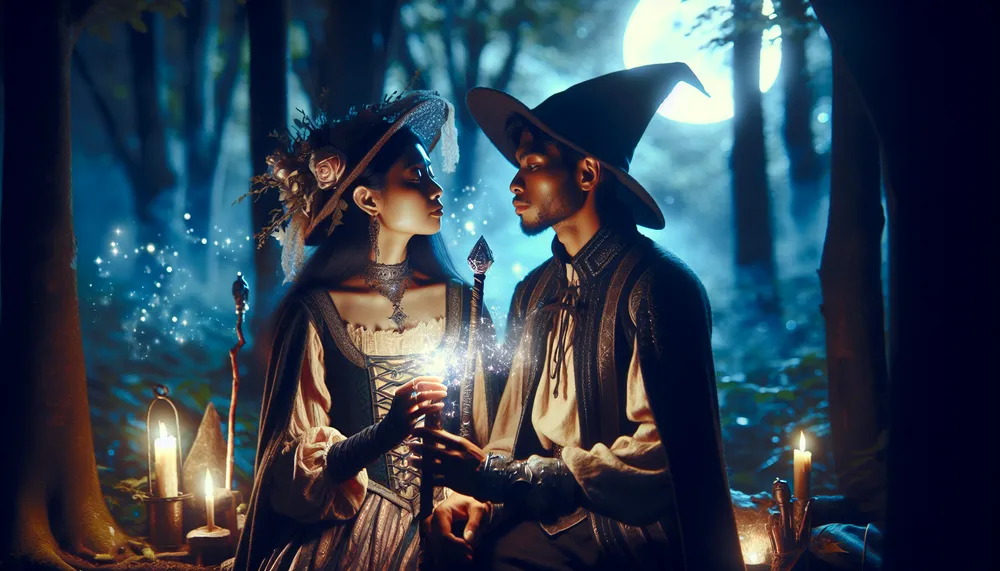 A witch and a wizard in a dark romantic setting, illustrating love and mystique