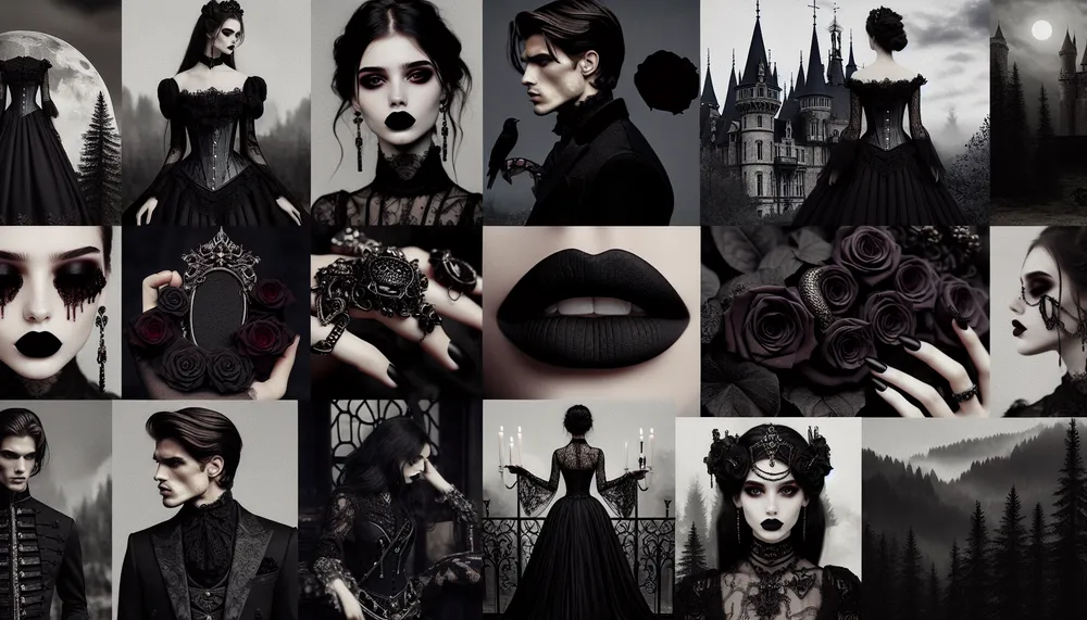 A collage representing dark romance trends, featuring dark lips, dark hair, gothic fashion elements, and a mysterious, romantic atmosphere