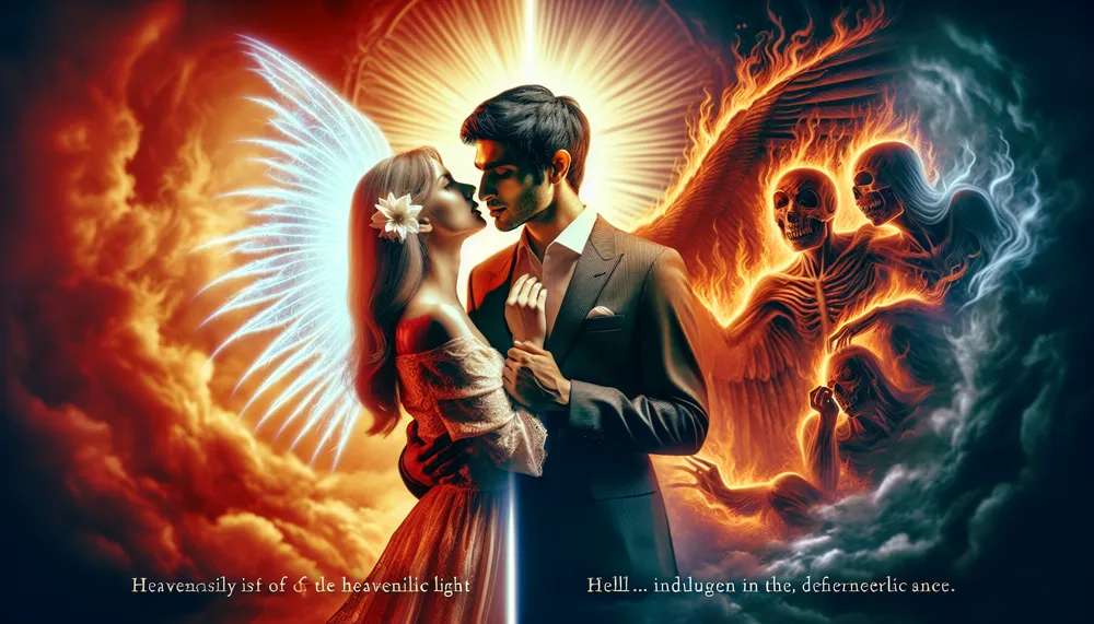 An illustration of a couple locked in a passionate embrace, surrounded by both angelic light and demonic shadows to represent the duality of heaven and hell in a dark and mysterious romance theme.
