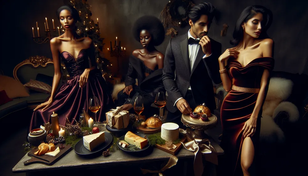 Dark romance Christmas theme with elegant attire, gourmet food, and unique gifts