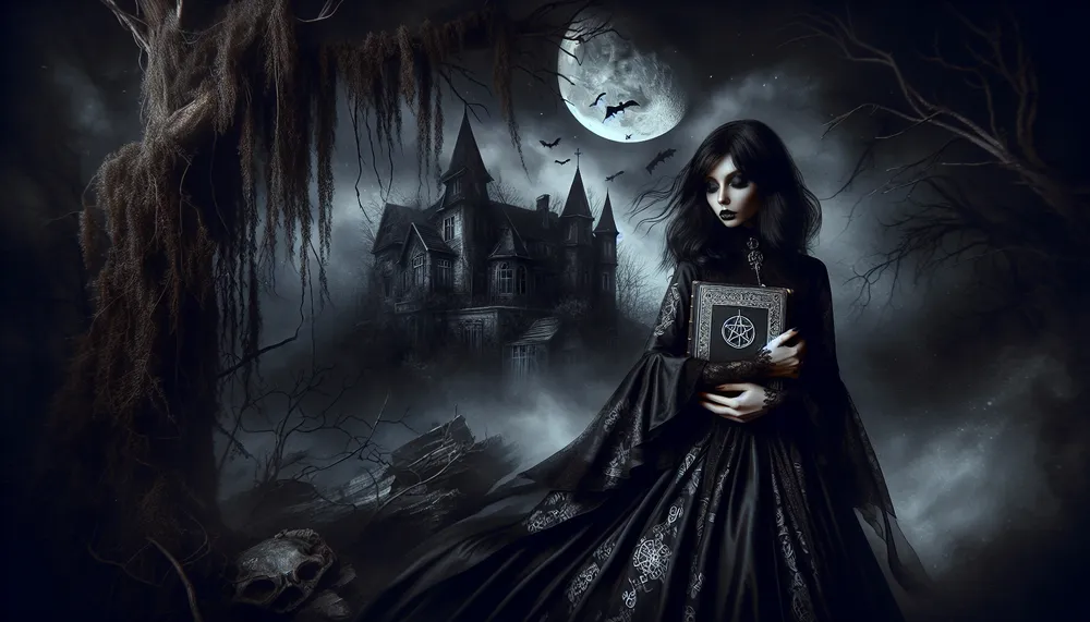 A gothic and mysterious backdrop that is suggestive of a dark romance involving a witch.