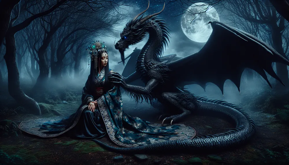 A shadowy dragon embracing a princess in a dark, mysterious forest