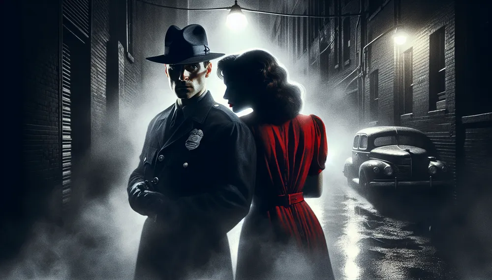 A moody illustration of a policeman and a shadowy figure standing back to back in an alley, under a dim streetlight, hinting at a dark romance narrative.