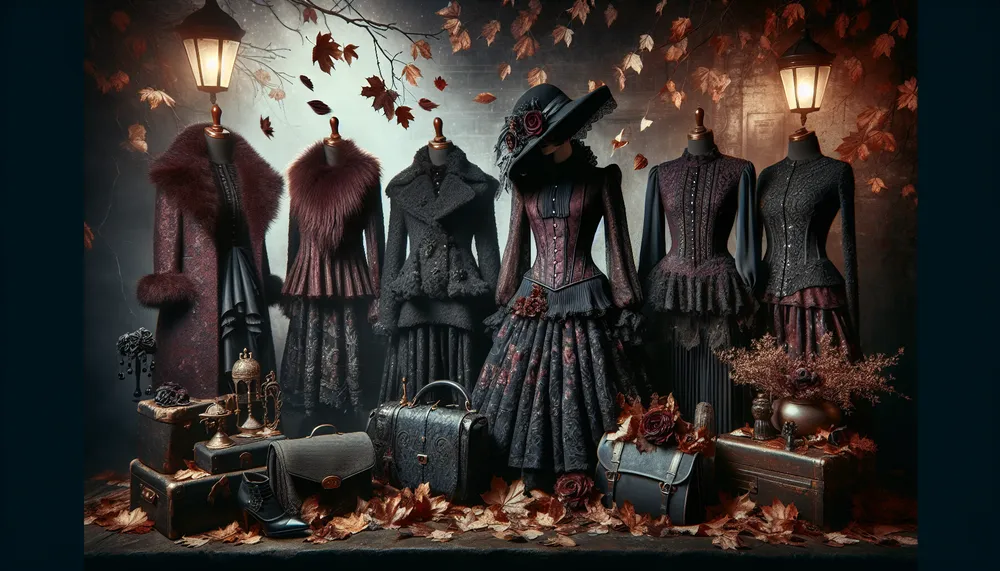 dark romance autumn winter fashion trends with moody atmospheric backgrounds