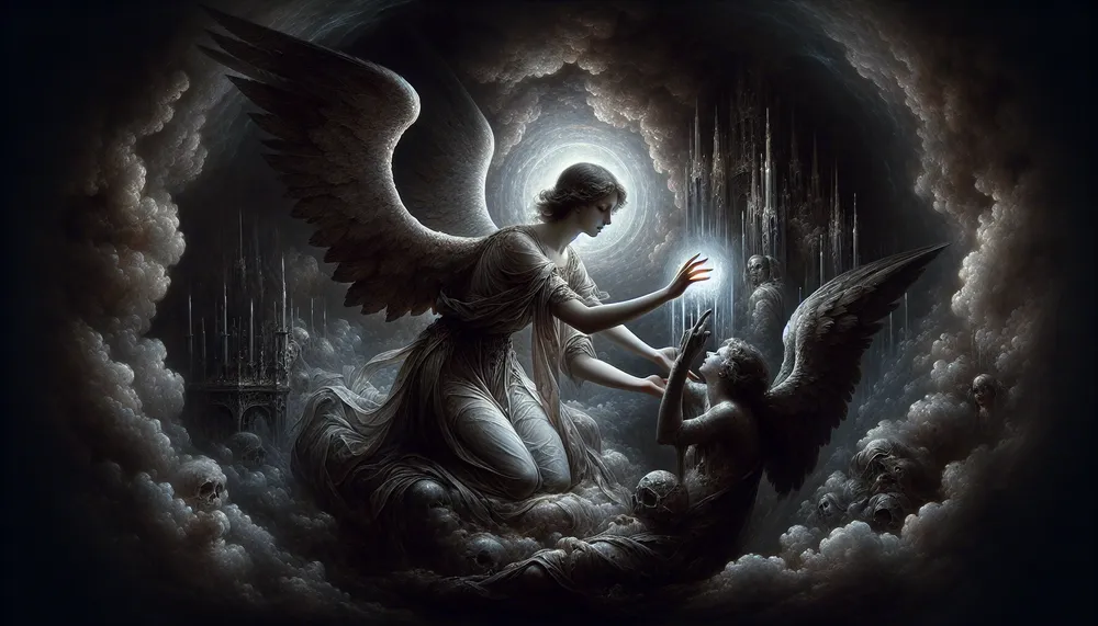 A dark, ethereal representation of an angel delivering punishment, embodying a mix of romance and melancholy