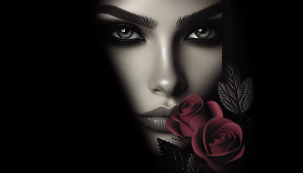 Seductive eyes with a hint of danger, poisoned lips that hide a secret, and a lethal kiss embodying forbidden passion and mysterious love in a dark romantic theme.