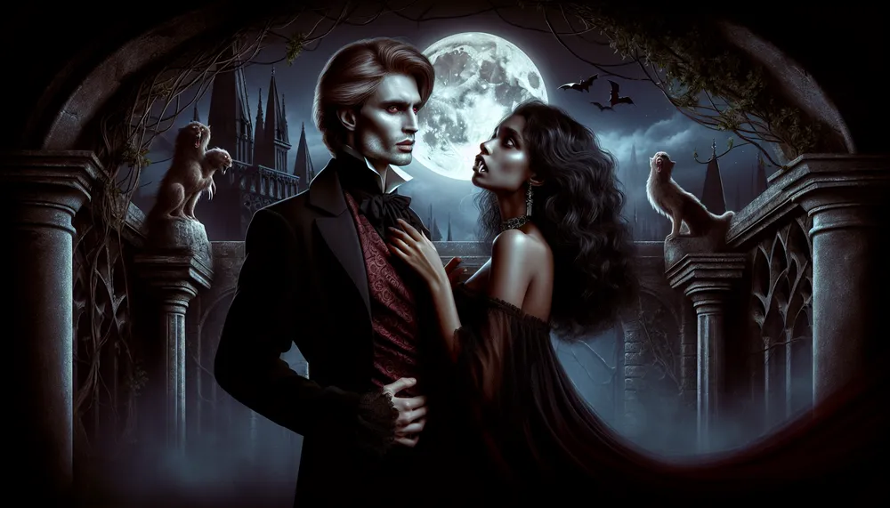 dark, romantic, and mysterious love between a vampire and a human, embodying the essence of forbidden passion