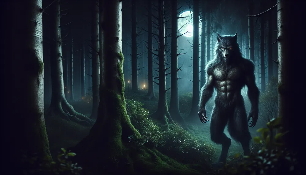 dark romance werewolf in atmospheric forest setting, mood is mysterious and intriguing