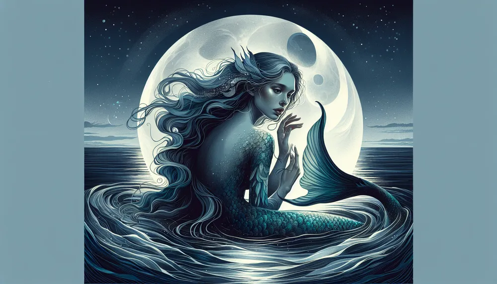 A mystical and darkly romantic depiction of a mermaid, perfect for an article about mermaid poetry