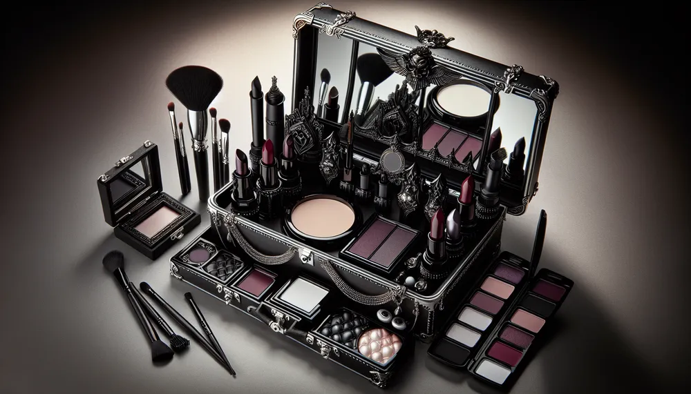 Image of an elegant dark romance makeup kit, showing various cosmetics and gothic-inspired aesthetic elements.