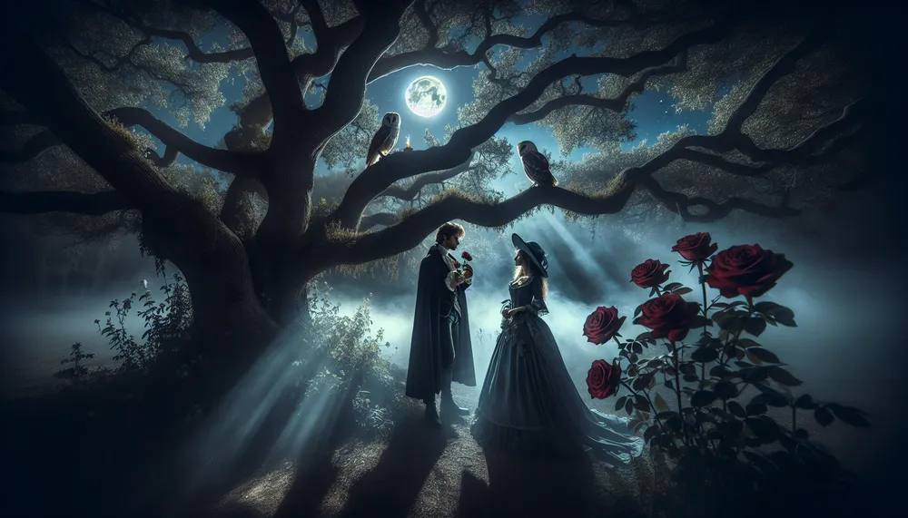 An evocative image capturing the essence of dark romance, featuring moody lighting and shadowed figures that suggest forbidden love and veiled desires.