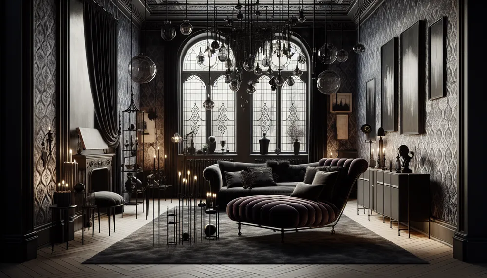 dark romance home decor interior design with a Gothic elegance and modern noir elements