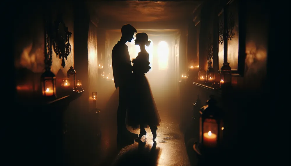 Shadowy figures embracing in a dark, romantic setting