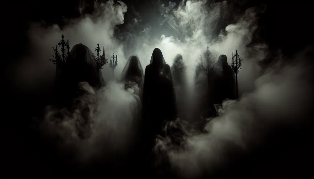 A dark and gothic image evoking romance and mystery, with misty backgrounds, shadowy figures, and an aura of foreboding.