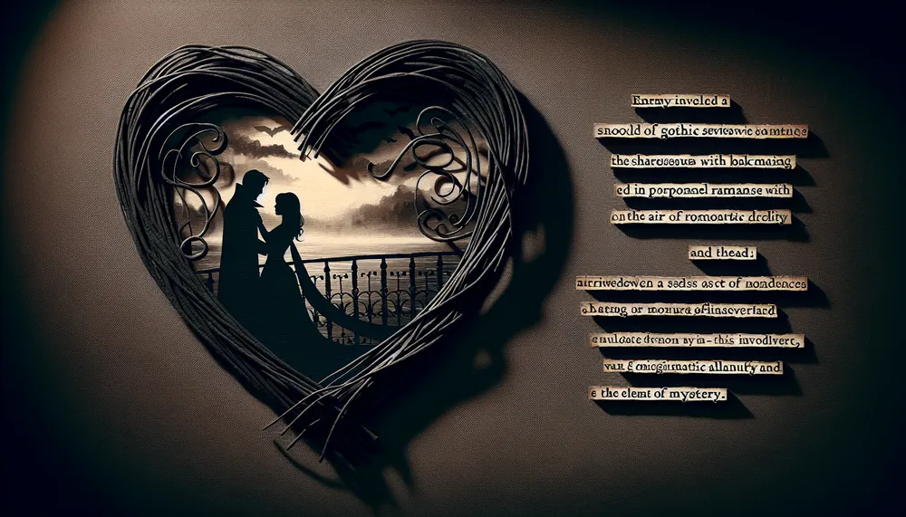 A detailed artwork of a dark gothic backdrop with shadows forming the shape of a heart, suggestive of a dark romance theme entwined with mystery and danger.