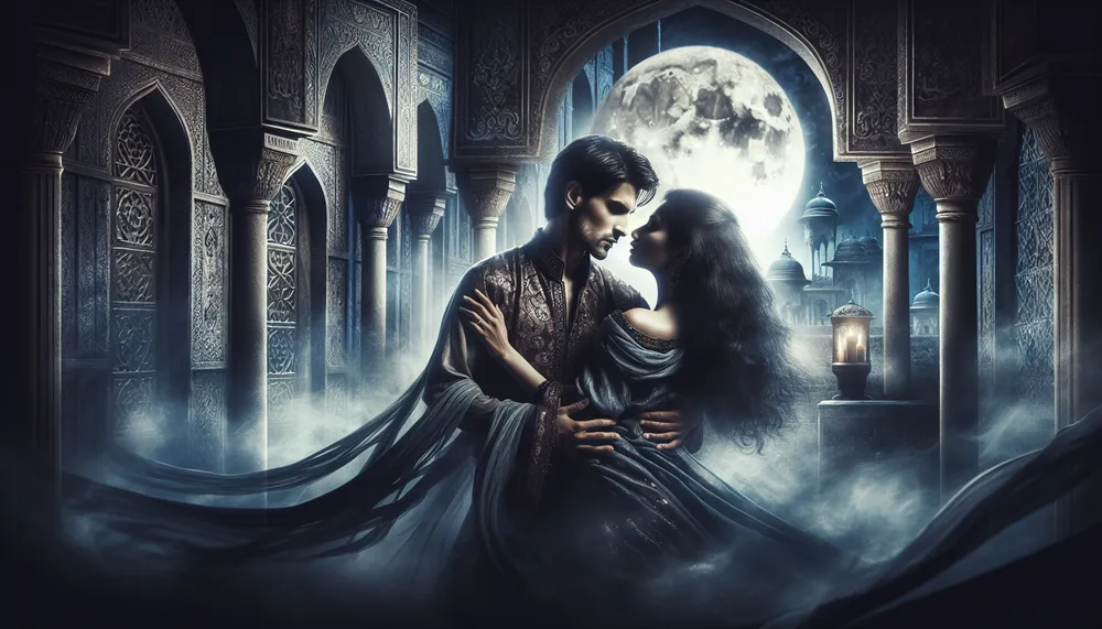 Eternal Shadows - a dark romance scene in a Gothic setting, a mysterious couple embracing in the moonlight, shadows enveloping them, creating an air of mystique and passion - digital art