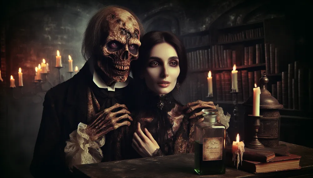 A romantic and dark image depicting a zombie and a human embracing, with a mysterious vial labeled 'The Cure' in the background, evoking a sense of love and macabre in a gothic setting.