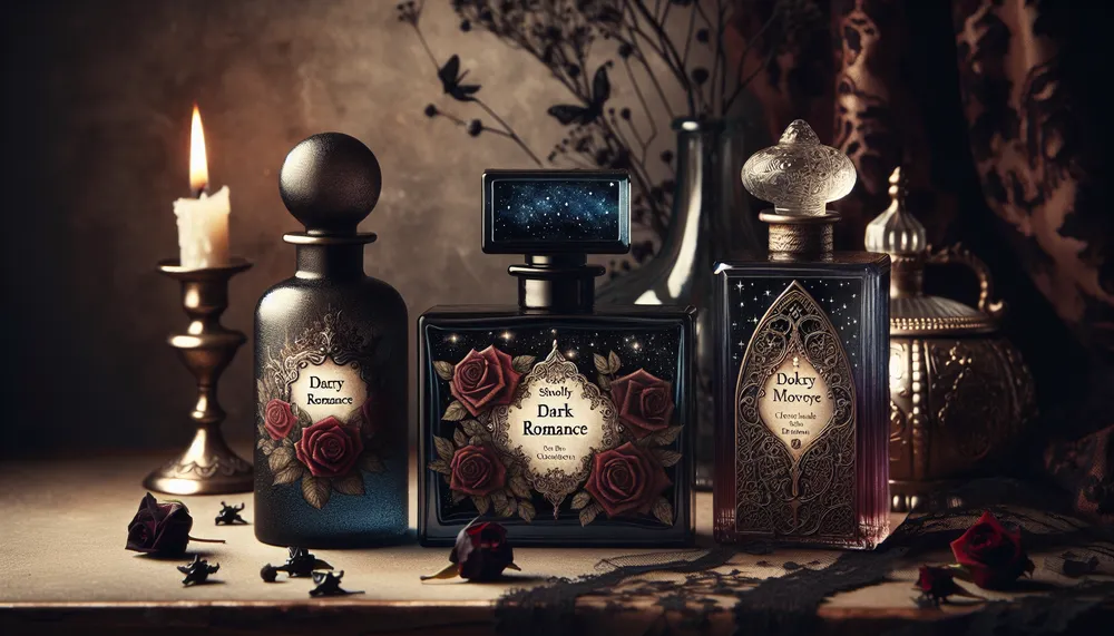 Picture of various dark romance perfume bottles against a mysterious backdrop.