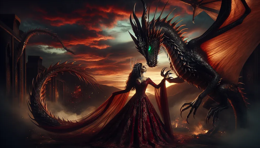 A dark romantic scene illustrating the dragon with its bride in an enchanted, fiery landscape, evoking a sense of mysterious allure and otherworldly beauty.