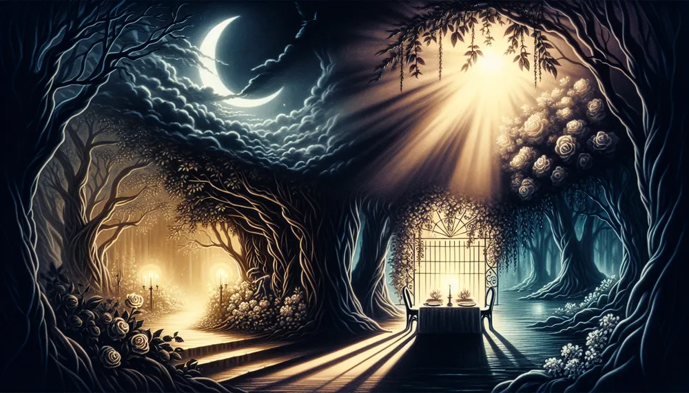 A mystic illustration that conveys the convergence of darkness and light in a romantic setting.