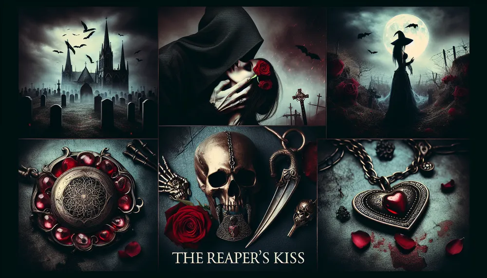 The Reaper's Kiss - a dark romance theme capturing forbidden passion and mysterious love in a poetic, gothic style