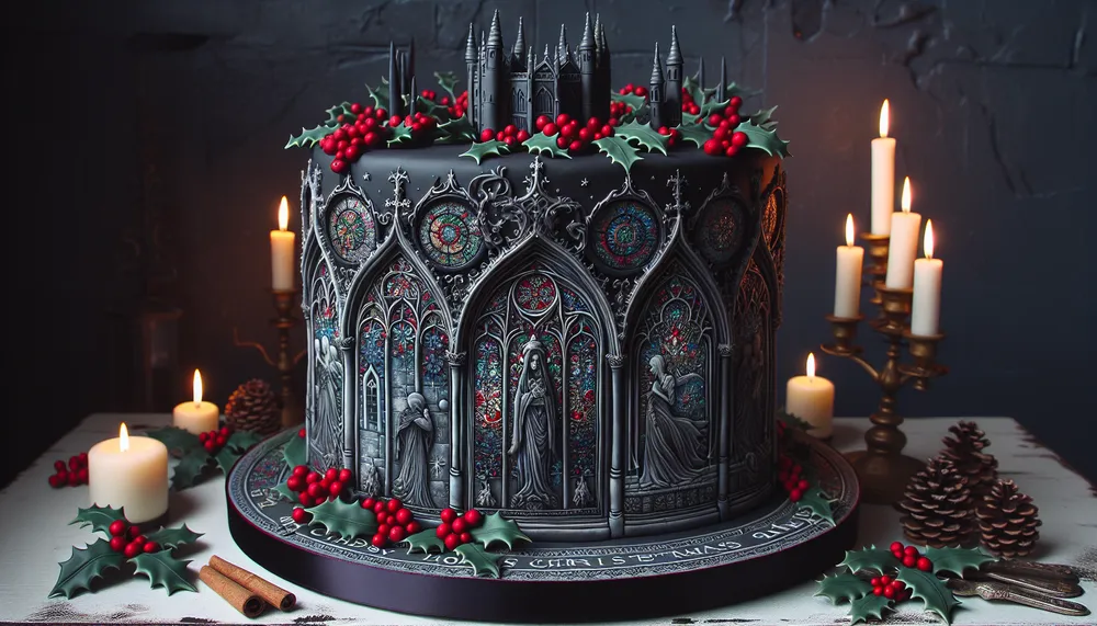 dark romance christmas cake, atmospheric with gothic elements for a festive holiday theme