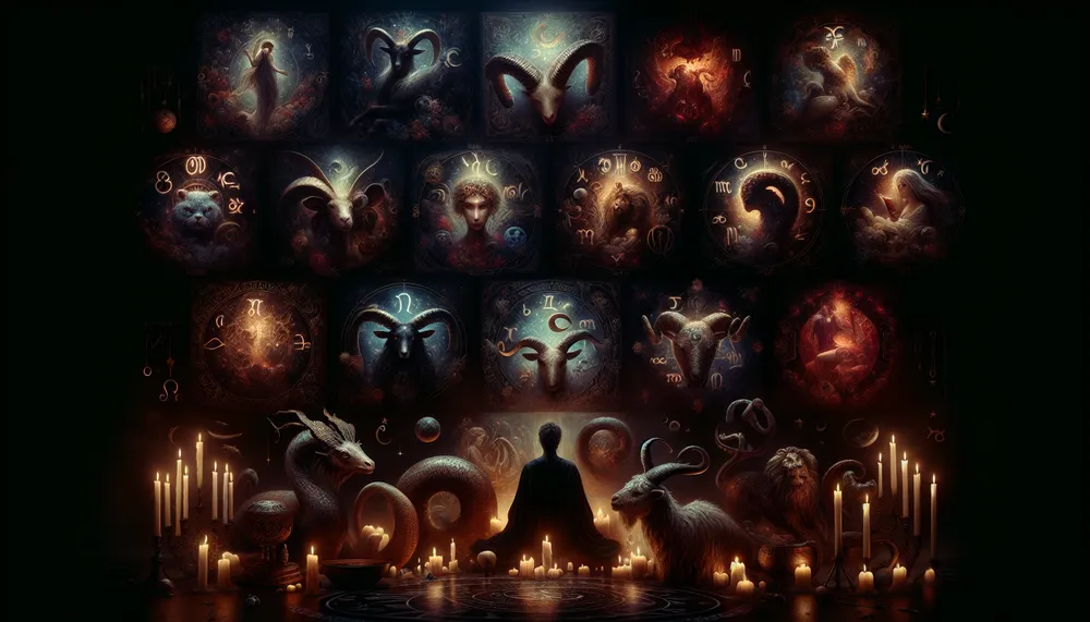 Mysterious and sensual representation of zodiac signs in a dark romantic setting