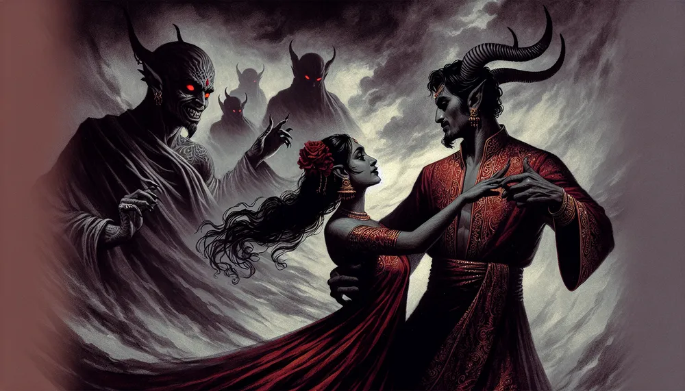 An abstract depiction of a dark romance with a demon theme, conveying the ethereal and mysterious nature of forbidden love between mortal and demon.