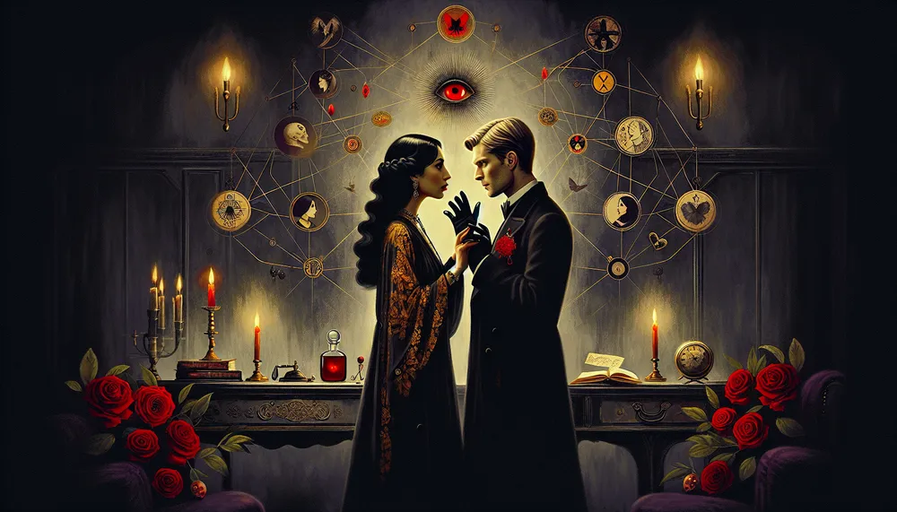 A dark and mysterious romance theme illustration depicting 'You're My Obsession'