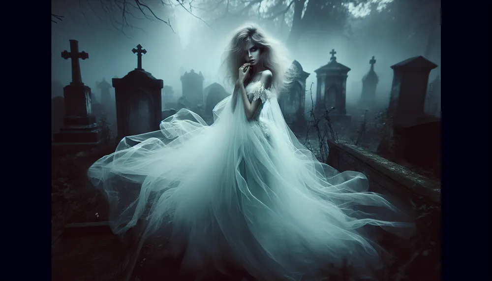 An ethereal ghostly bride, fading into the mist, with an aura of dark romance.