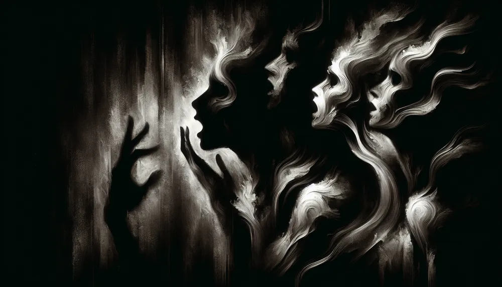 Artistic representation of a dark romance-themed poem, with shadows and enigmatic figures, suggesting a silent scream, suitable for an article header.