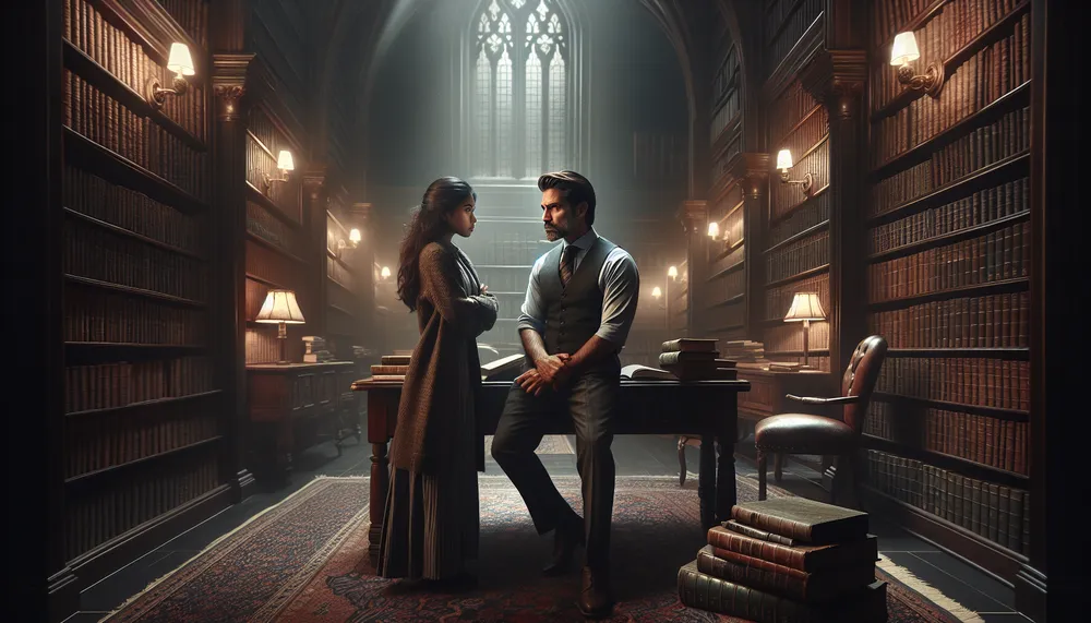 Dark academia romance, an intense moment between a professor and a student in a vintage library setting, dramatic lighting, subtle hints of forbidden love.