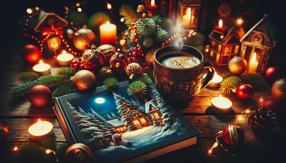 dark romance christmas coffee ambiance with festive decorations