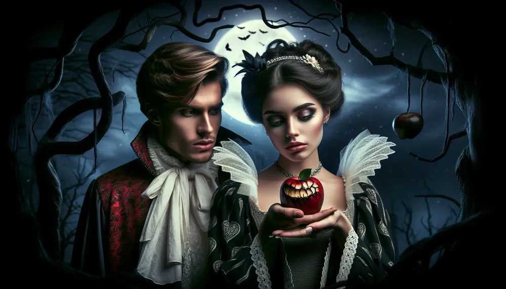 A dark romantic scene depicting a prince and Snow White with a poisoned apple, blending gothic and fairy tale elements, with a mysterious and captivating aura.